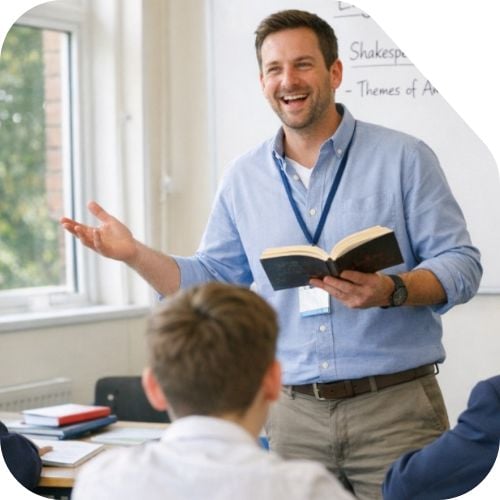 English literature teacher reading Romeo and Juliet in front of a Year 11 class (AI Generated)